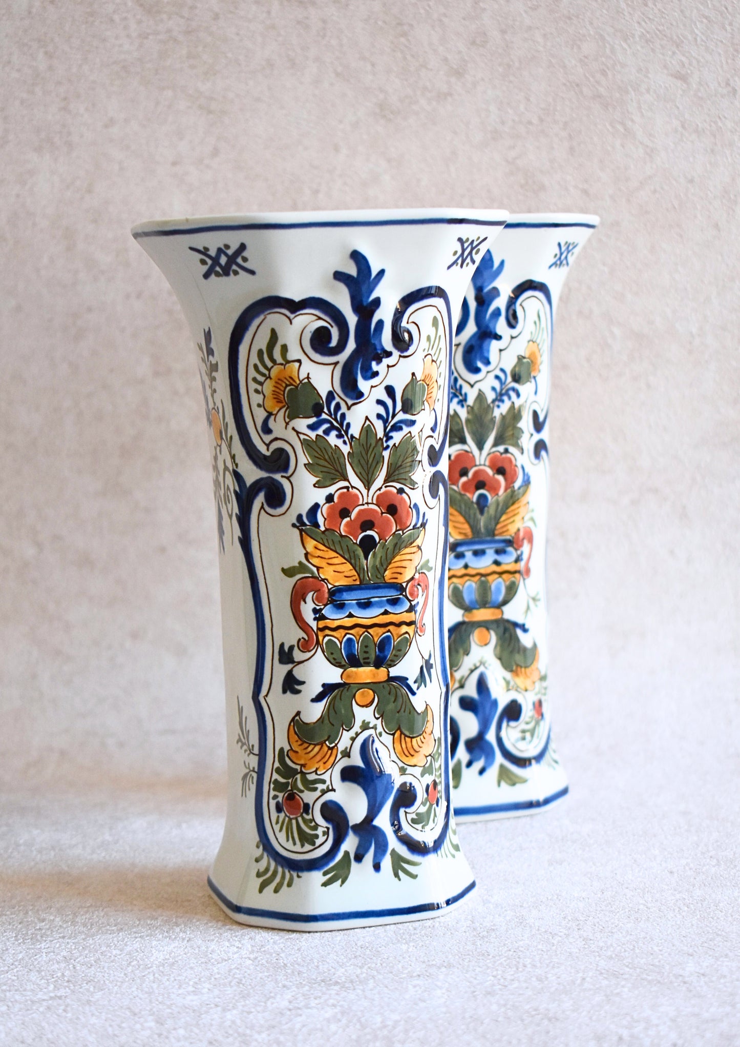 Hand-Painted Pair of Vintage Delft Vases