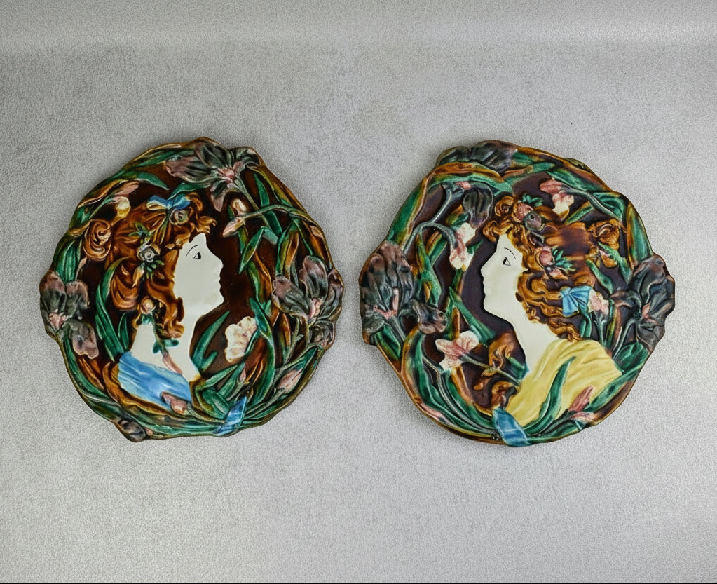 Pair of Art Nouveau-Style Majolica Ceramic Wall Plaques
