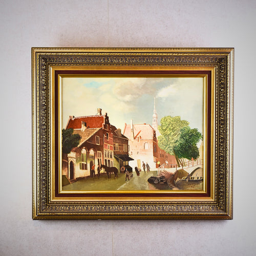 Signed Vintage Dutch Canal Townscape Painting, 1977
