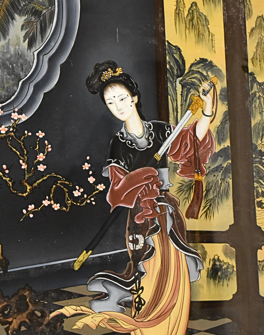 Chinese Reverse Glass Painting with Courtesan Scene, Early 1900s