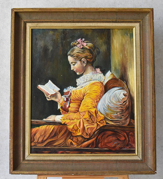 Vintage Oil Painting After Fragonard – Lady Reading (1974)