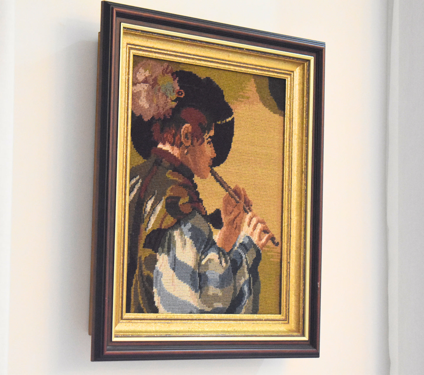Framed Needlepoint Tapestry of a Flute Player (1970s–80s)