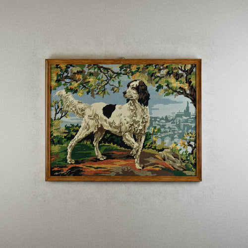 French Framed Needlepoint Hunting Dog Tapestry