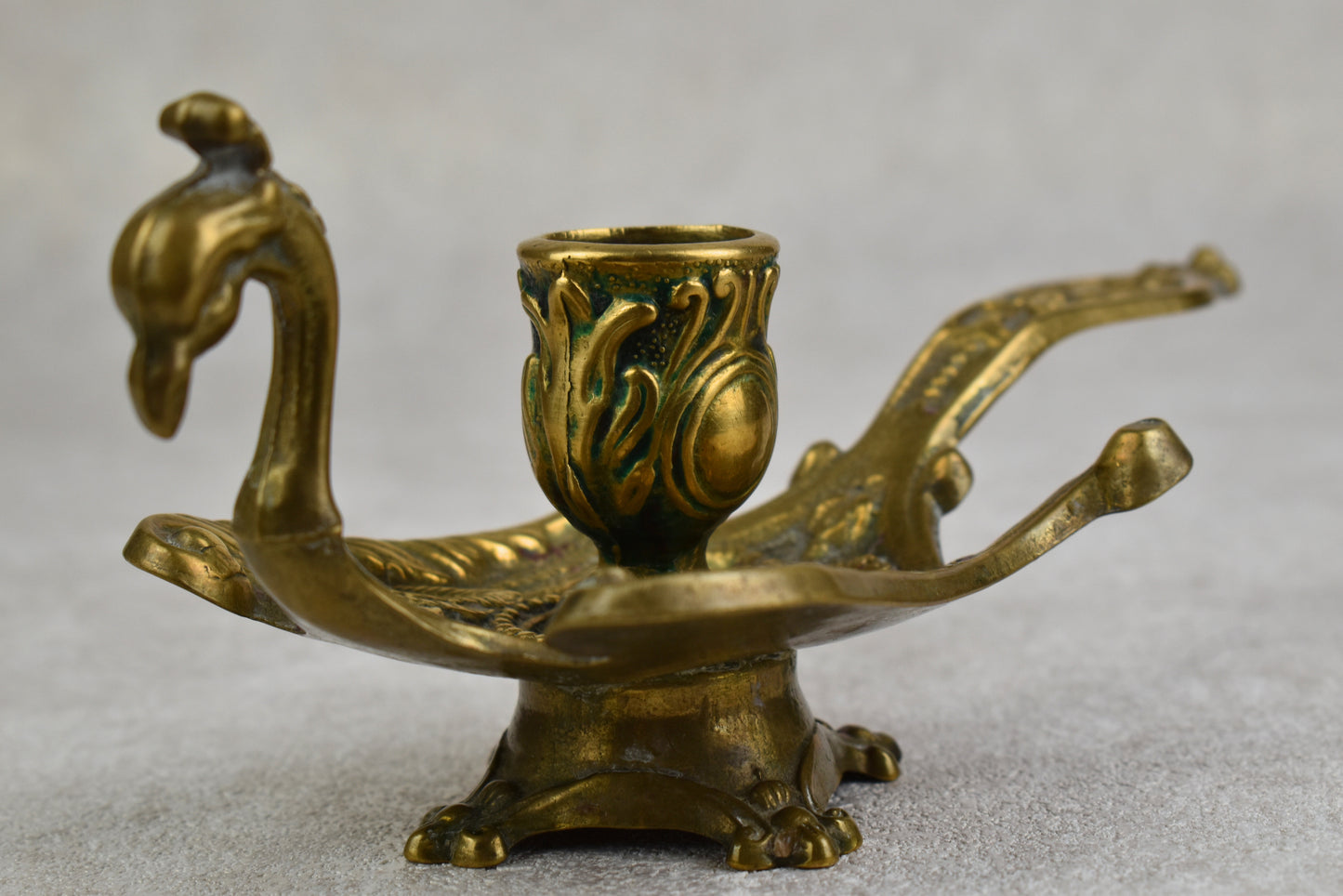 Vintage Italian Brass Peacock Chamberstick Candle Holder