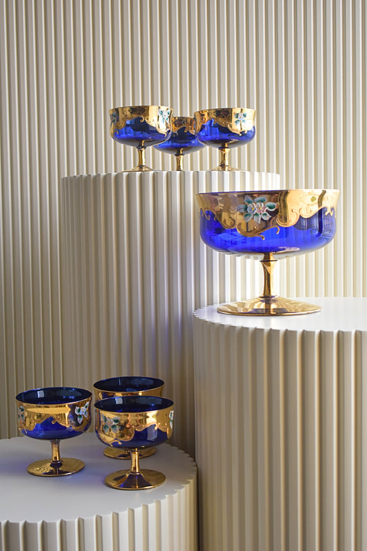 Vintage Murano Venetian Cobalt Blue & 24K Gold Glass Serving set