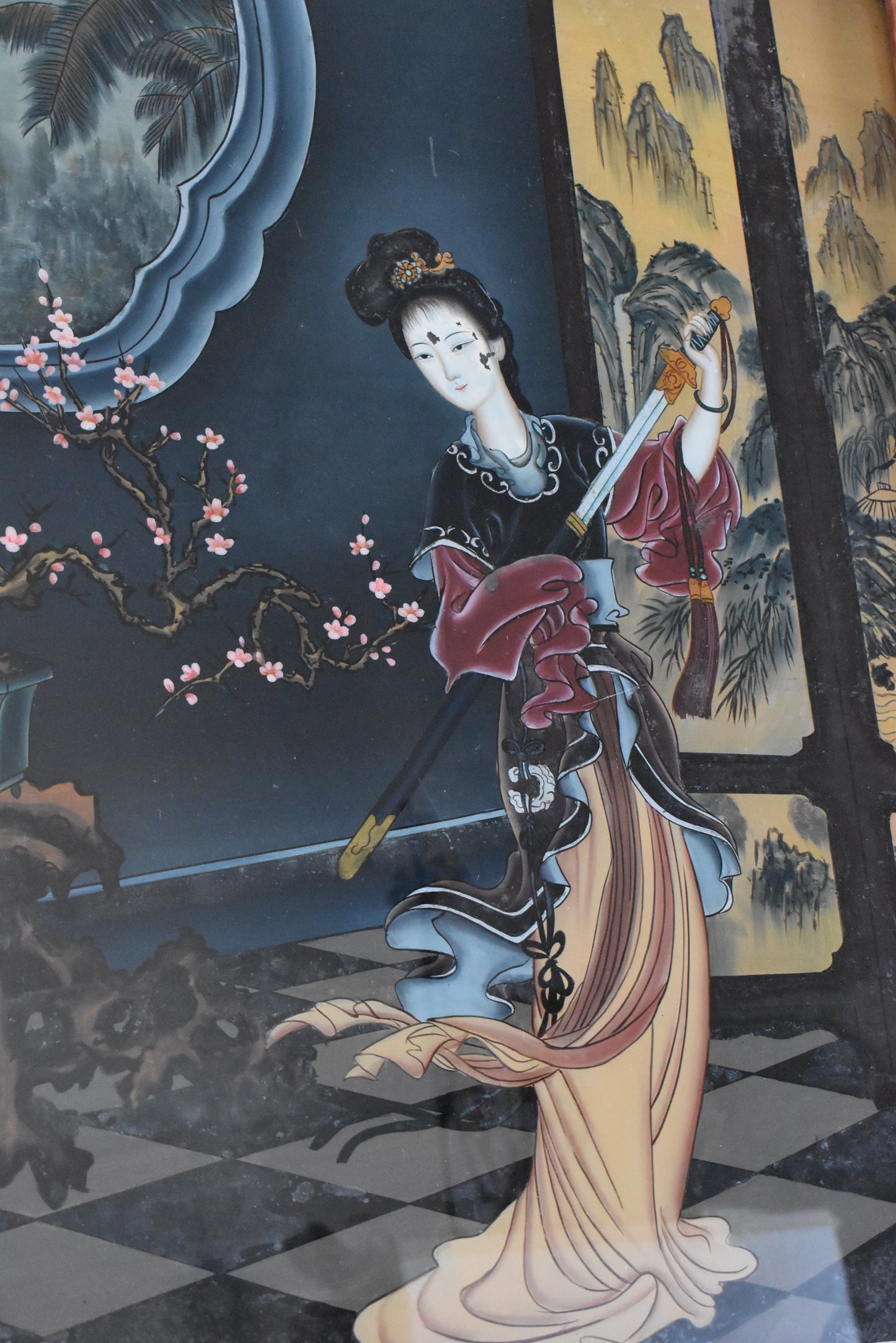 Chinese Reverse Glass Painting with Courtesan Scene, Early 1900s