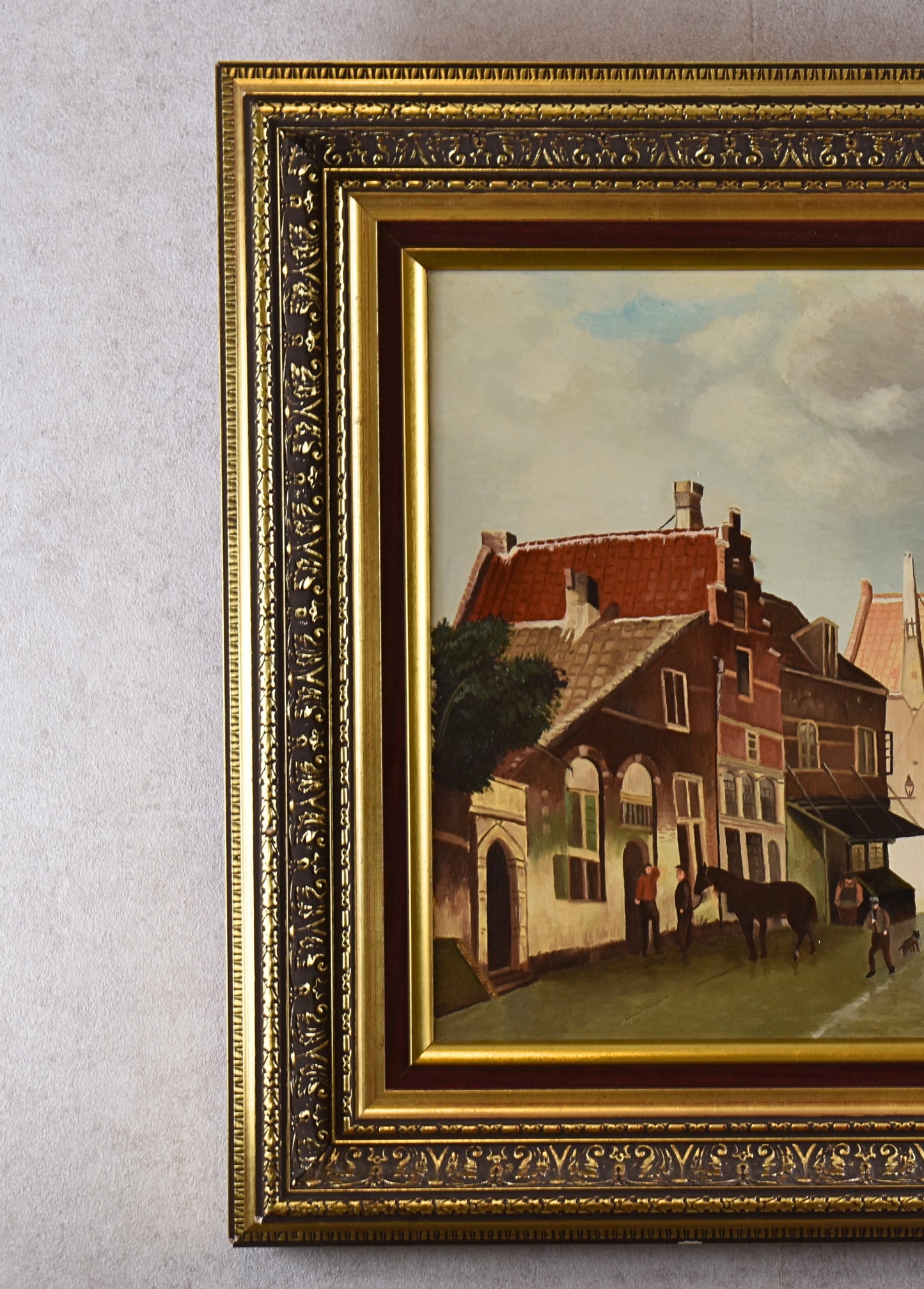 Signed Vintage Dutch Canal Townscape Painting, 1977