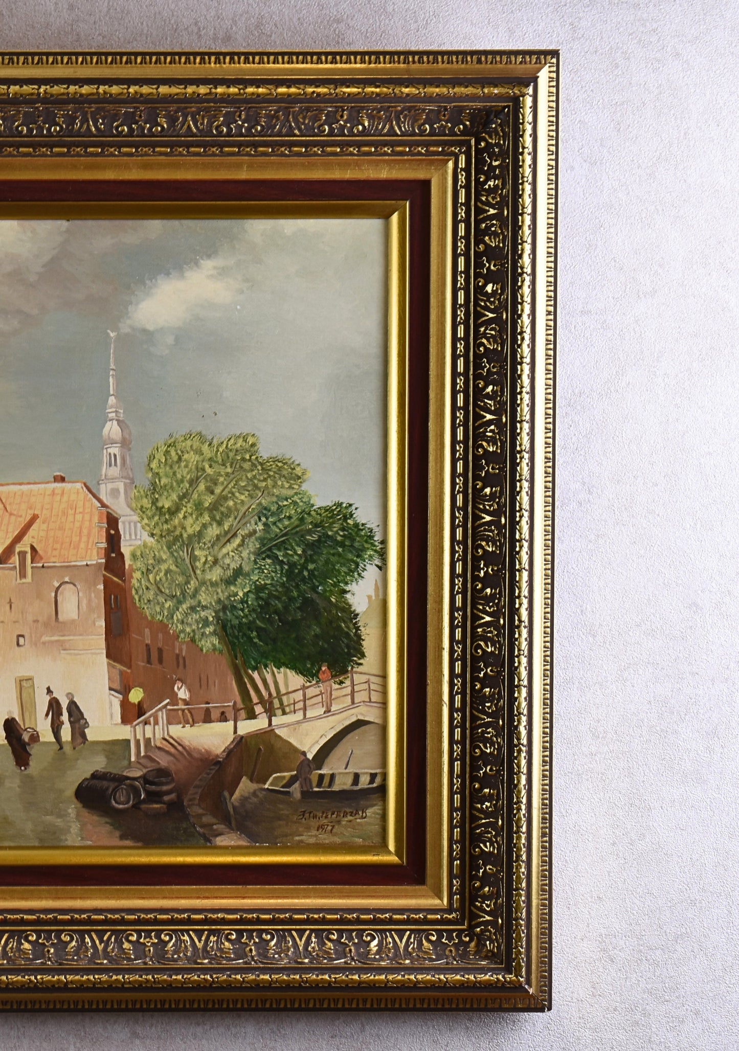 Signed Vintage Dutch Canal Townscape Painting, 1977