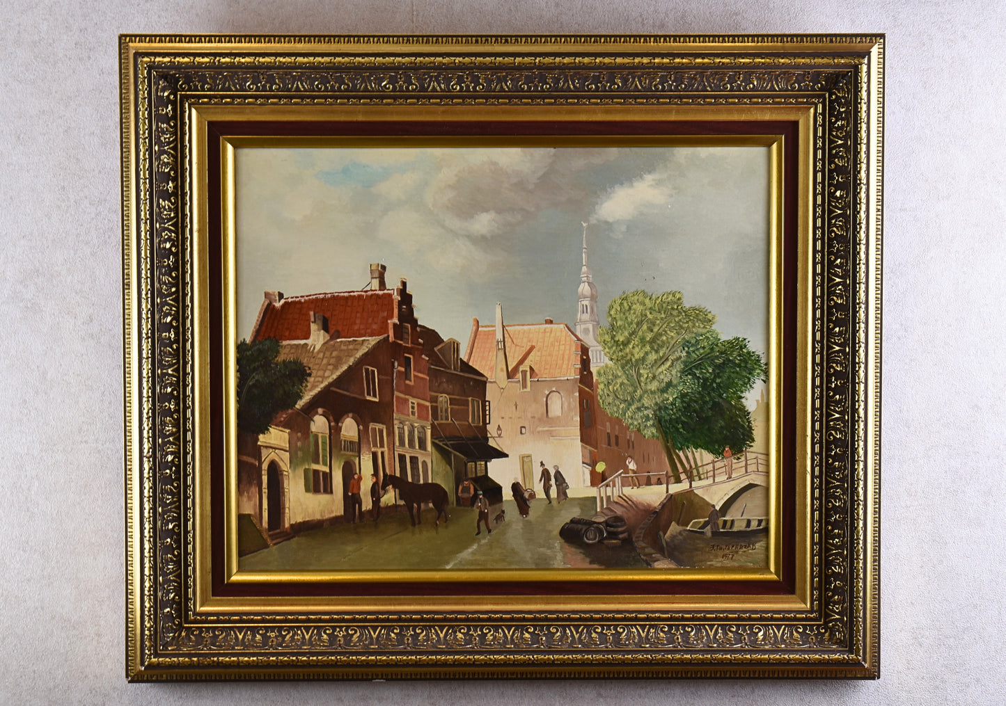 Signed Vintage Dutch Canal Townscape Painting, 1977