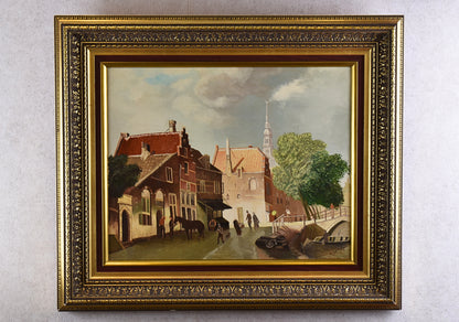 Signed Vintage Dutch Canal Townscape Painting, 1977