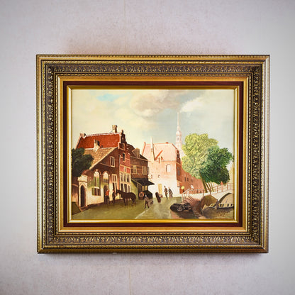 Signed Vintage Dutch Canal Townscape Painting, 1977