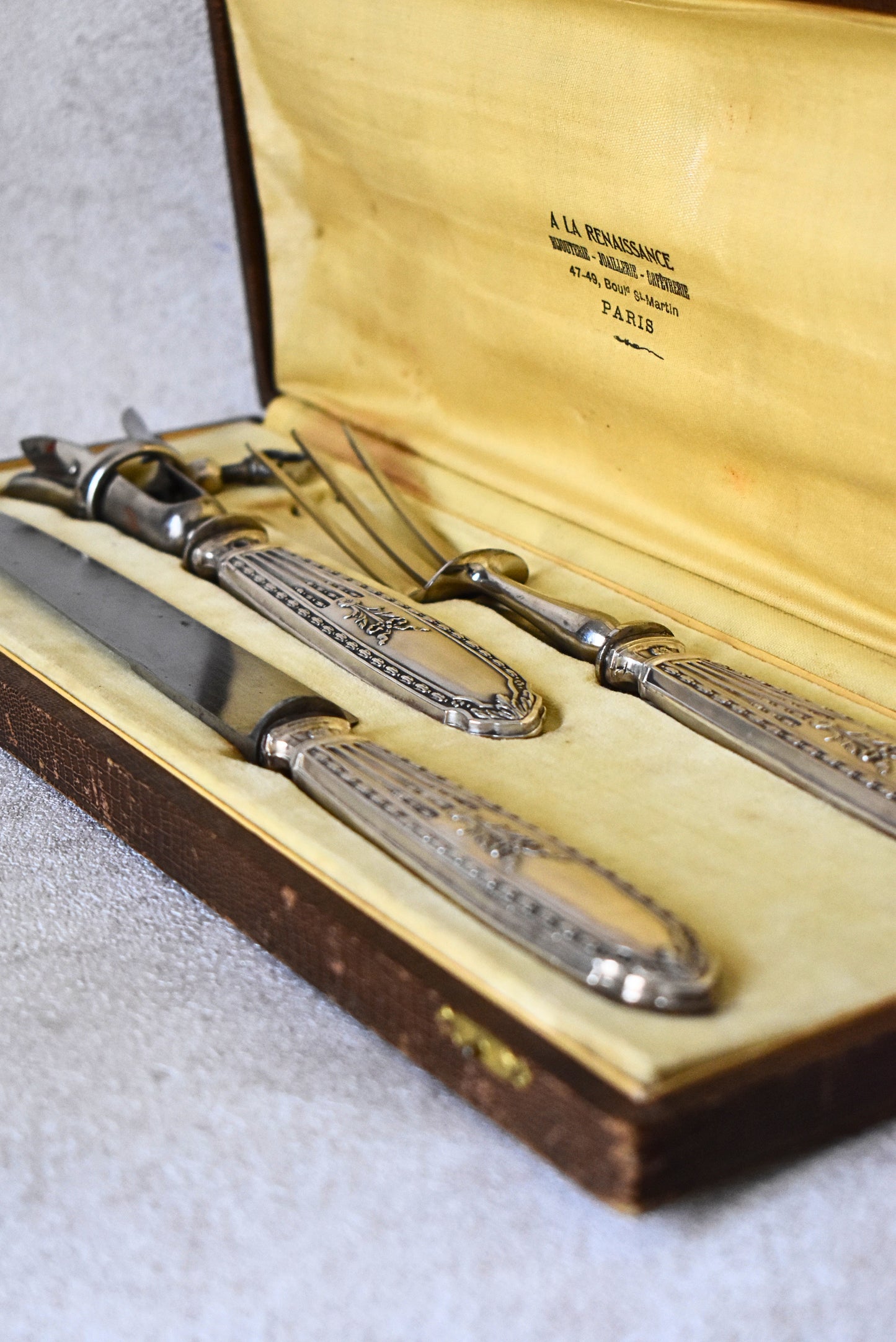 French Silver Lamb Carving Set, E.B. Cira 1890s