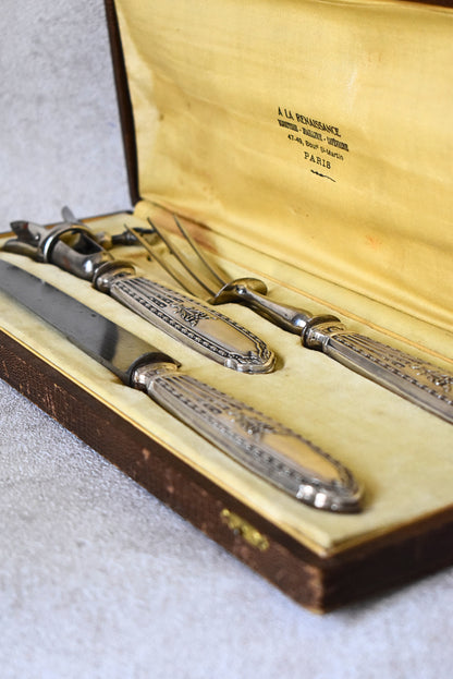 French Silver Lamb Carving Set, E.B. Cira 1890s