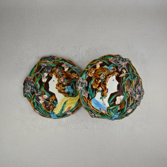 Pair of Art Nouveau-Style Majolica Ceramic Wall Plaques