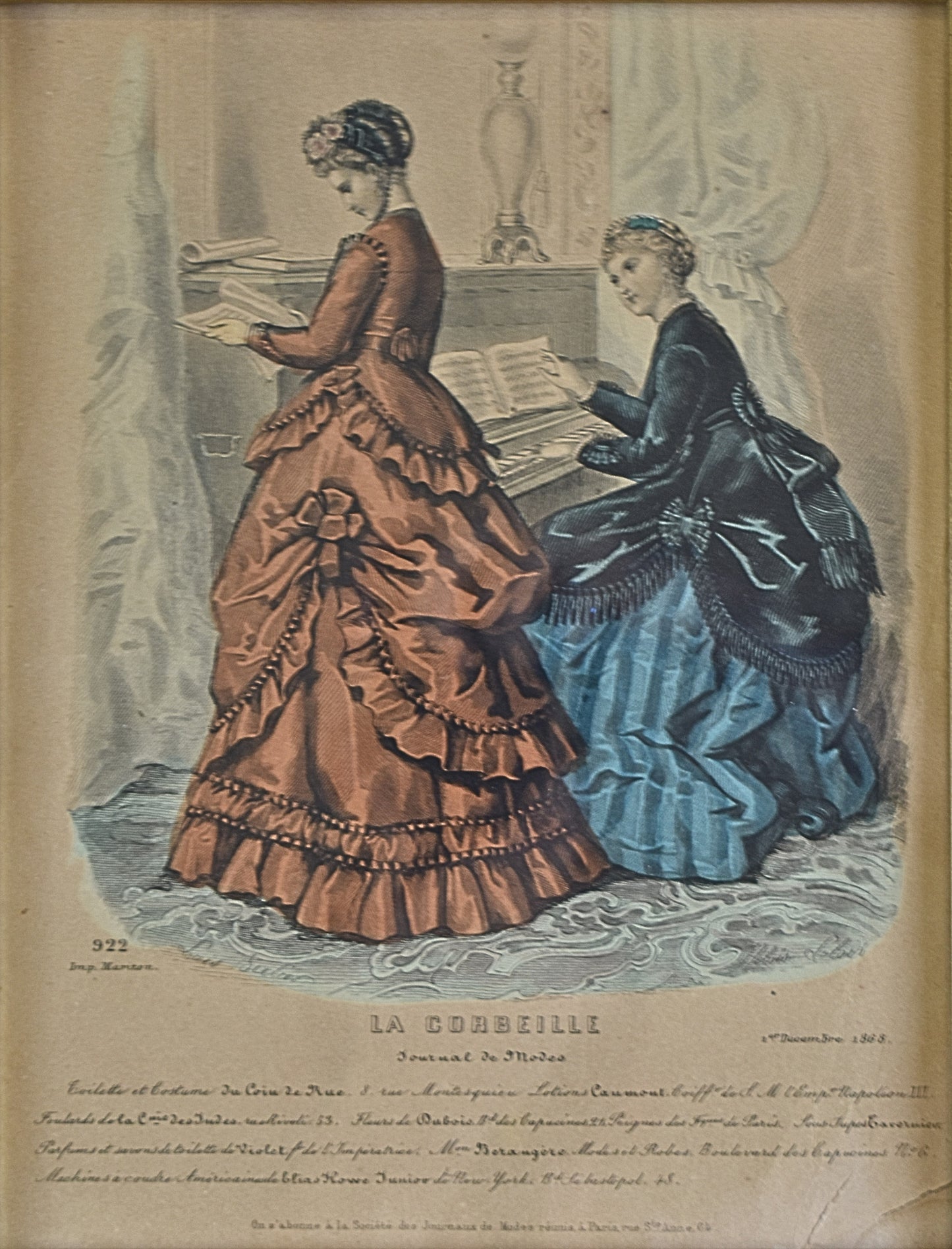 Antique French Fashion Print, La Corbeille Journal de Modes, 1868