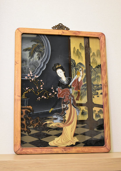 Chinese Reverse Glass Painting with Courtesan Scene, Early 1900s