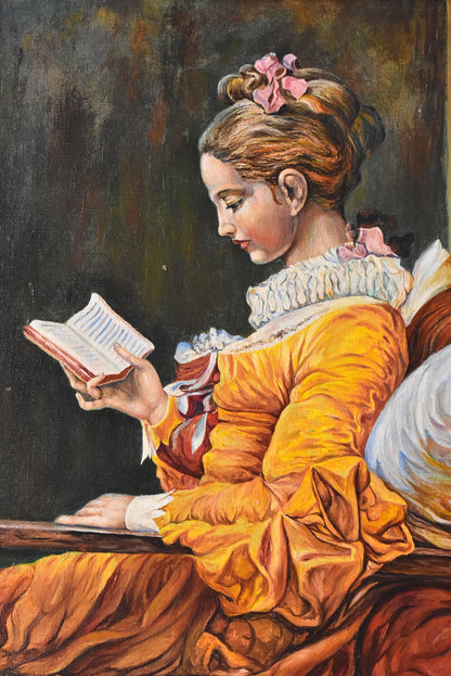 Vintage Oil Painting After Fragonard – Lady Reading (1974)
