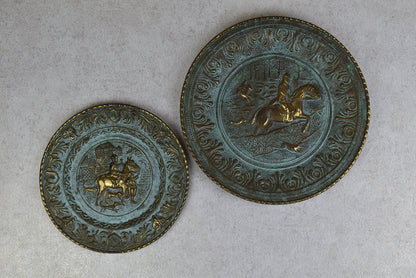 Pair of Embossed Brass Hunting Scene Wall Plates