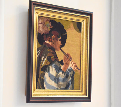 Framed Needlepoint Tapestry of a Flute Player (1970s–80s)