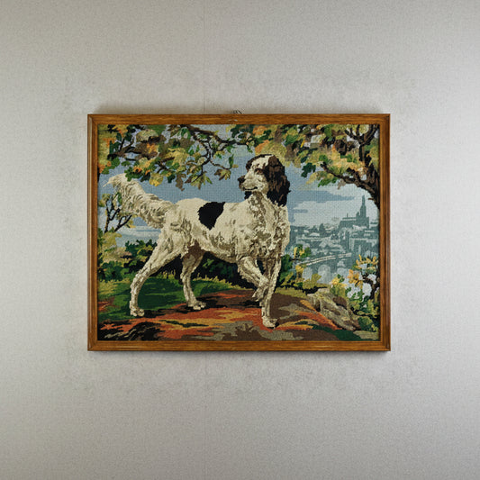 French Framed Needlepoint Hunting Dog Tapestry