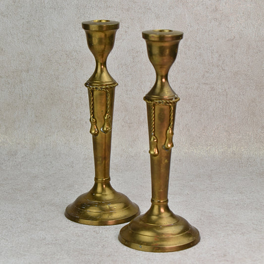 Pair of Vintage Brass Candlesticks with Tassel Detail