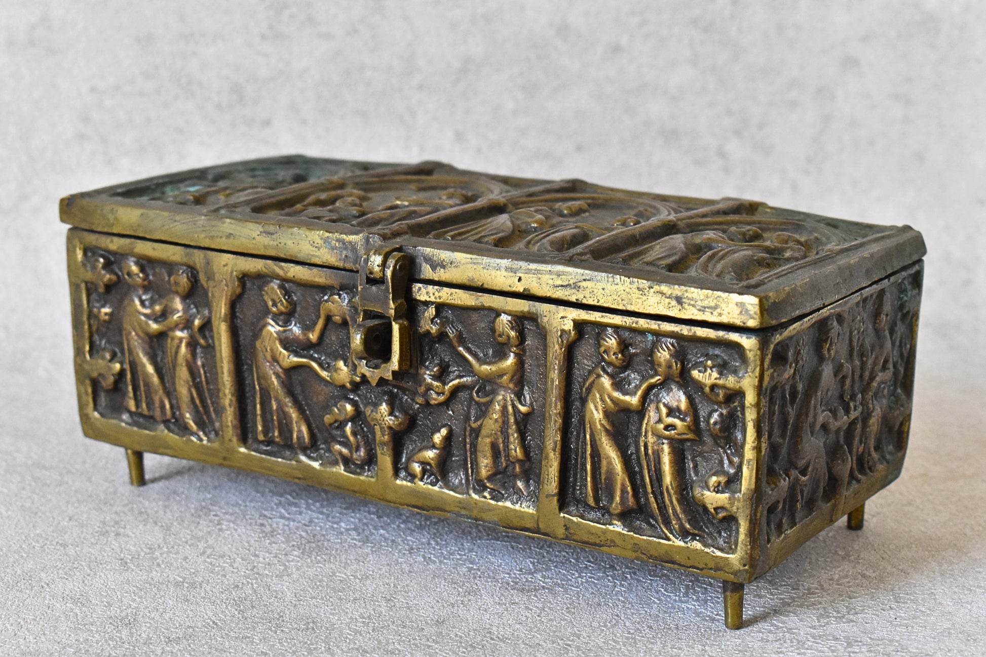 Antique Gothic Revival Reliquary-Style Brass Casket, c. 1880–1930