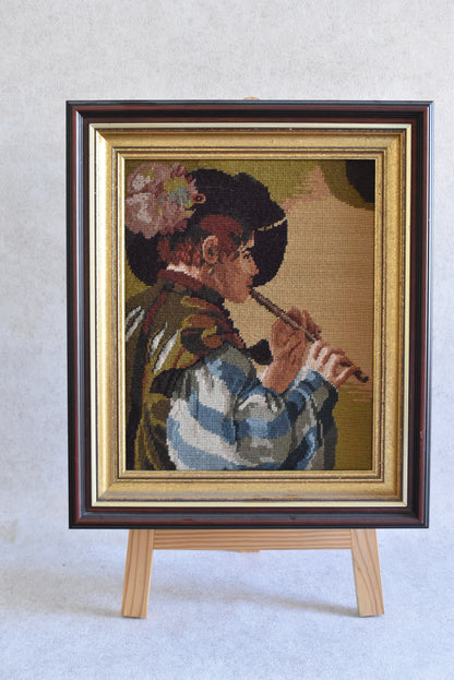 Framed Needlepoint Tapestry of a Flute Player (1970s–80s)
