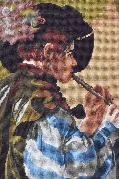 Framed Needlepoint Tapestry of a Flute Player (1970s–80s)