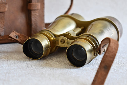 WWI British Military Brass Binoculars with Leather Case, 1917