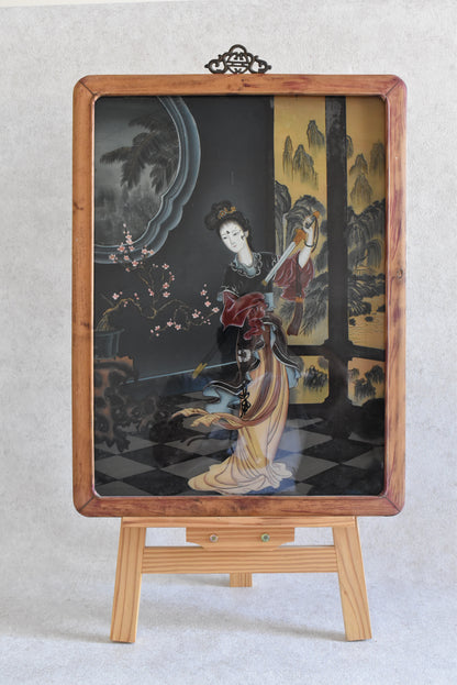 Chinese Reverse Glass Painting with Courtesan Scene, Early 1900s