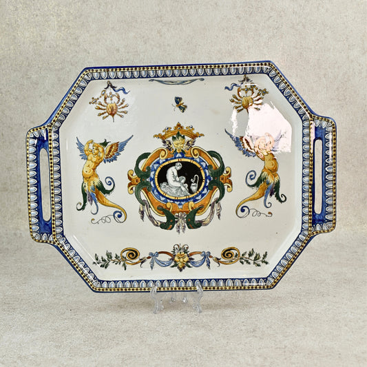 Antique Gien Faïence Serving Tray with Handles, Late 19th Century