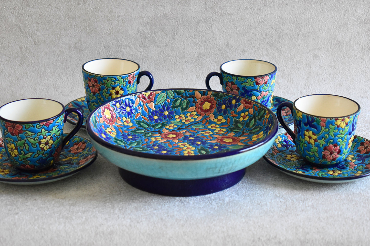 Antique Longwy Hand-Enamelled Cup & Plate Set - 1900s