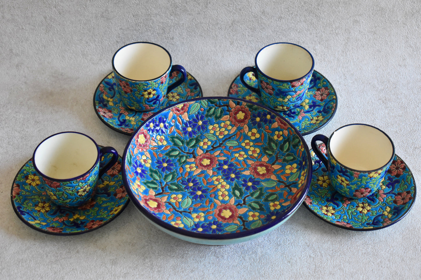 Antique Longwy Hand-Enamelled Cup & Plate Set - 1900s