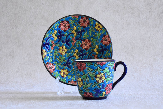 Antique Longwy Hand-Enamelled Cup & Plate Set - 1900s