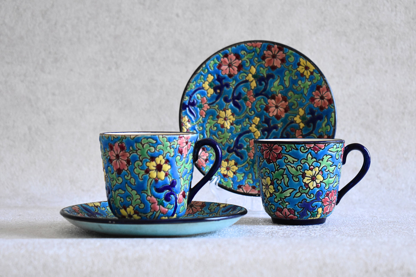 Antique Longwy Hand-Enamelled Cup & Plate Set - 1900s