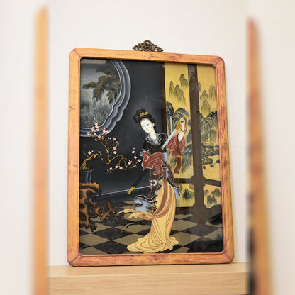 Chinese Reverse Glass Painting with Courtesan Scene, Early 1900s