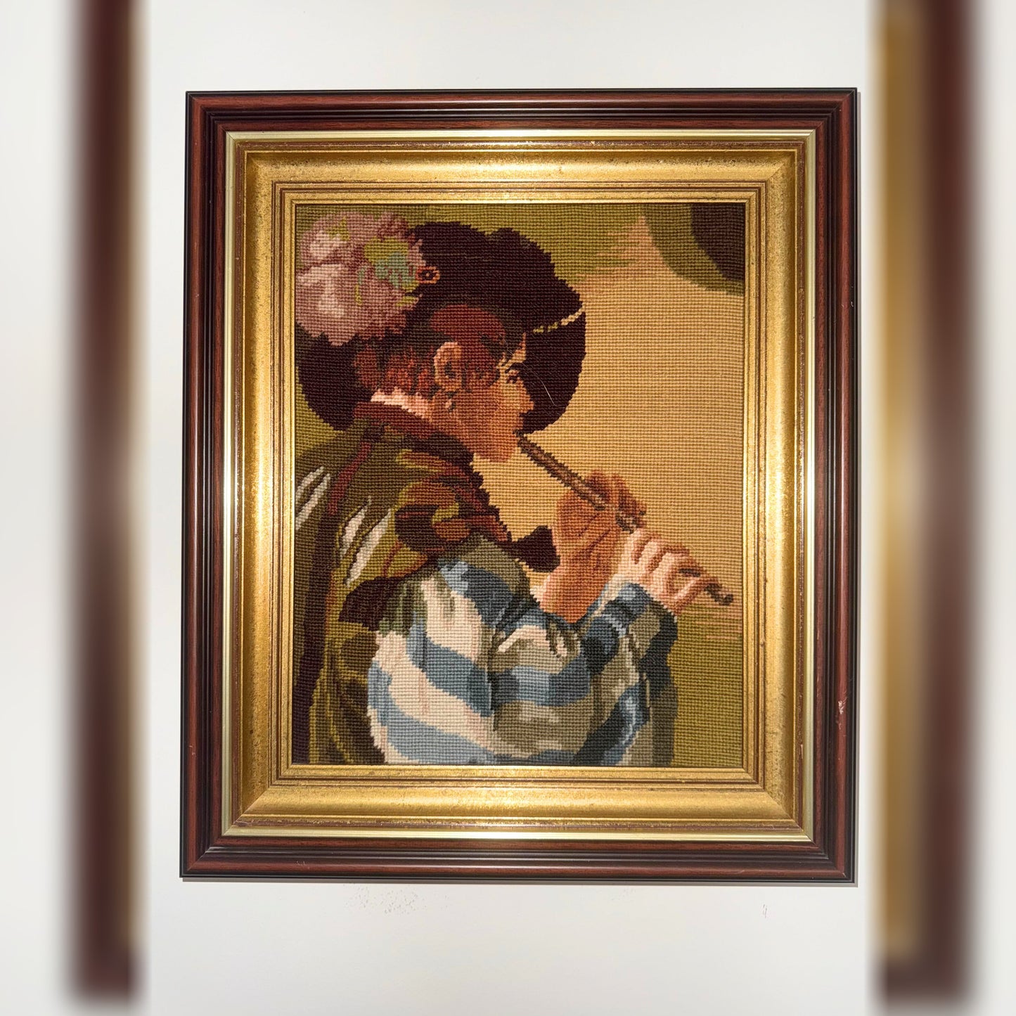 Framed Needlepoint Tapestry of a Flute Player (1970s–80s)