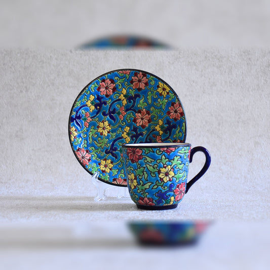 Antique Longwy Hand-Enamelled Cup & Plate Set - 1900s
