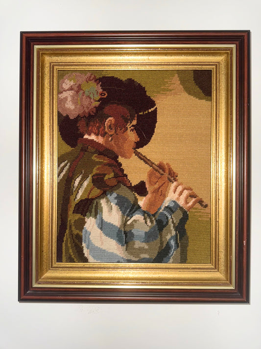 Framed Needlepoint Tapestry of a Flute Player (1970s–80s)